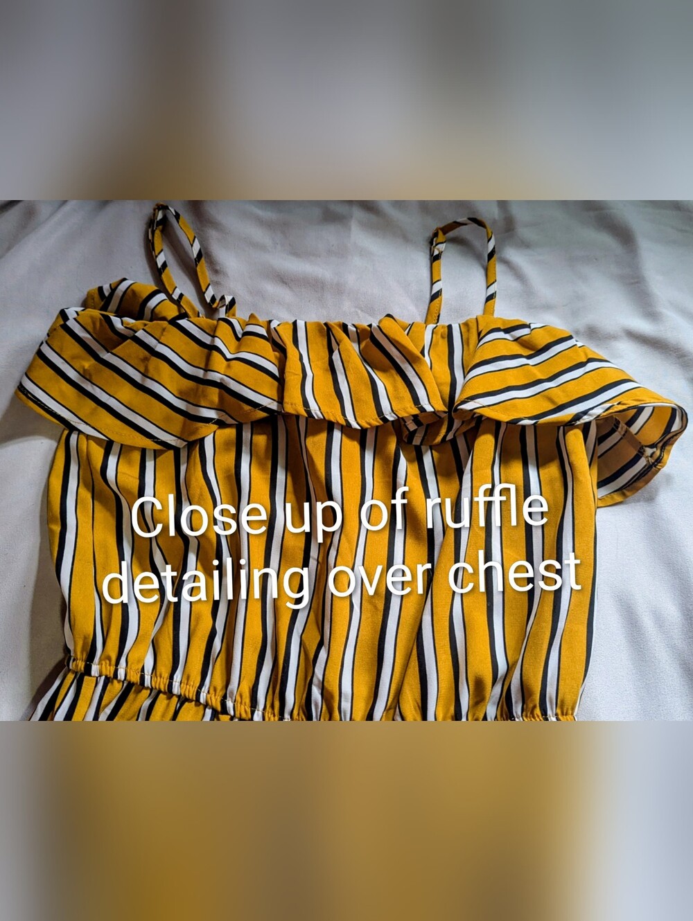 Size Small Bluenotes EUC Yellow White Striped Wide Leg Ruffle Jumpsuit Romper - Picture 4 of 14